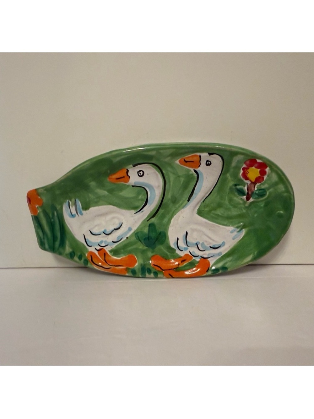 ITALY SPOON REST GREEN WHITE DUCKS GEESE BIRDS HAND PAINTED POTTERY HOME KITCHEN